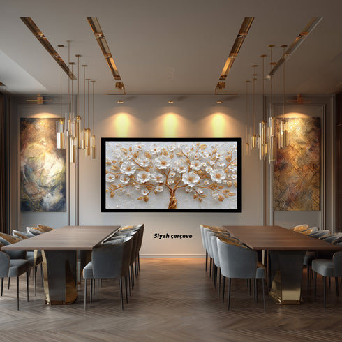 Altın Dallı Beyaz Çiçekli Ağaç Tablosu Lüks Kabartmalı Modern Kanvas Duvar Dekoru, Salon Yatak Odası İçin Büyük Boy Tablo