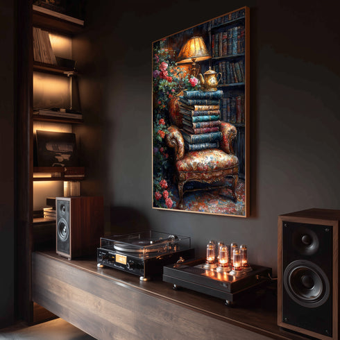 Kitaplarla Dolu Kütüphane Köşesi ve Çaydanlık Sanat Baskısı, Vintage Okuma Atmosferi, Çiçekli Klasik Koltuk ile Nostaljik Duvar Dekoru