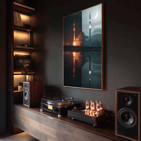 Gece ve Hilal Işığında Camii Kanvas Tablo – İslami Duvar Dekoru, Dini Mimari Sanat Eseri, Modern ve Klasik Ev Dekorasyonu