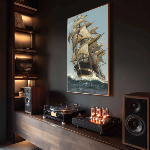 Fırtınalı Denizde Yelkenli Gemi Suluboya Sanat Baskısı, Denizcilik ve Macera Temalı Klasik Tablo Duvar Dekoru