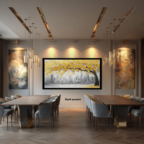 Sarı Çiçekli Ağaç ve Gri Şehir Silüeti Tablosu Modern Soyut Kanvas Duvar Dekoru Salon Ofis İçin Büyük Boy Şık Tasarım