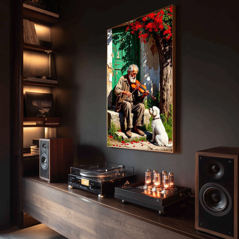 Kemancı Yaşlı Adam ve Sadık Köpek Suluboya Sanat Baskısı, Nostaljik Köy Sahnesi ve Doğal Işıklarla Duygusal Duvar Dekoru