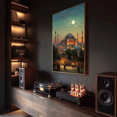 Ayasofya Camii Dolunay Manzaralı Kanvas Tablo – İstanbul Temalı İslami Duvar Dekoru, Dini ve Tarihi Atmosferli Salon Tablosu