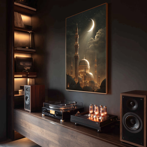 Hilal ve Yıldızlı Gece Camii Kanvas Tablo – Altın Işıltılı İslami Duvar Dekoru, Dini ve Manevi Atmosferli Salon Tablosu