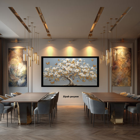 Altın Kelebekli Beyaz Manolya Ağacı Tablosu Lüks Modern Kanvas Duvar Dekoru Salon Yatak Odası ve Oturma Odası İçin Şık Tasarım