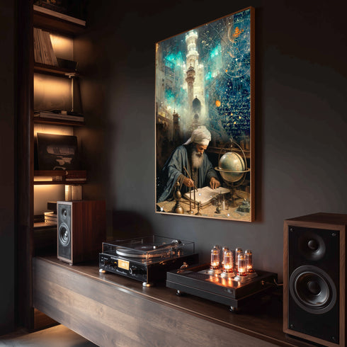 İslam Alimi ve Astronomi Çalışması Kanvas Tablo – Bilim ve İlim Temalı İslami Duvar Dekoru, Dini ve Manevi Sanat Eseri