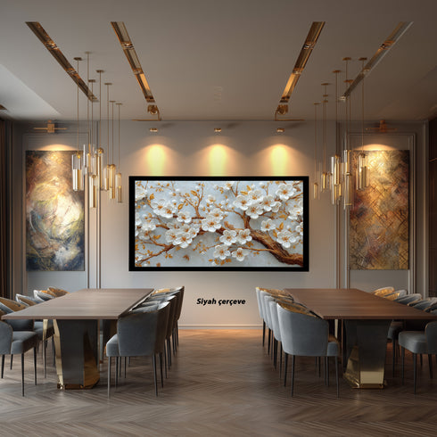 Altın Dallı Beyaz Çiçekli Ağaç Dalı Tablosu Kabartmalı Lüks Modern Kanvas Duvar Dekoru Salon Yatak Odası İçin Şık Tasarım