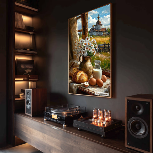 Kır Evi Penceresinde Natürmort Sanat Baskısı, Papatyalar Ekmek ve Süt ile Kırsal Yaşamın Sıcaklığı, Nostaljik Duvar Dekoru