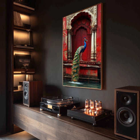 Kırmızı Oryantal Kapı ve Tavus Kuşu Sanat Baskısı, Doğu Mimarisi ve Zarif Detaylarla Egzotik Duvar Dekoru Tablo