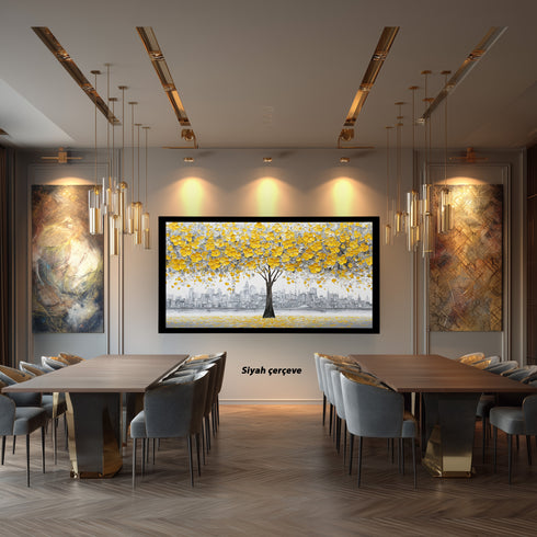 Sarı Çiçekli Ağaç ve Gri Şehir Silüeti Tablosu Modern Soyut Kanvas Duvar Dekoru Salon Ofis İçin Büyük Boy Şık Tasarım