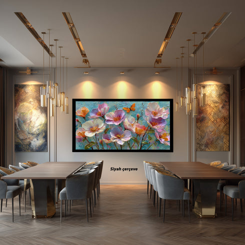 Turkuaz Zeminli Renkli Çiçekler ve Kelebek Tablosu Modern Soyut Kanvas Duvar Dekoru Salon Yatak Odası İçin Canlı Tasarım