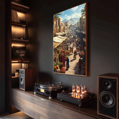 Antik Doğu Pazarı Manzarası Sanat Tablosu Poster, Palmiye Ağaçları ve Tarihi Mimari Arasında Canlı Oryantal Çarşı Sahnesi Duvar Sanatı