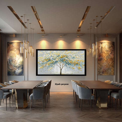 Modern Soyut Ağaç Tablosu Mavi Sarı Yapraklı Kanvas Duvar Dekoru, Salon Yatak Odası Büyük Boy Sanatsal Tablo