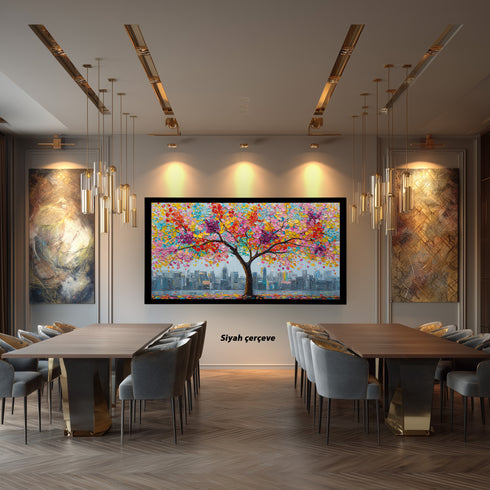 Renkli Çiçekli Ağaç ve Şehir Manzarası Tablosu Modern Soyut Kanvas Duvar Dekoru, Salon Ofis İçin Büyük Boy Sanatsal Tablo