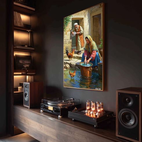 Geleneksel Köy Yaşamı Suluboya Sanat Baskısı, Anadolu Günlük Hayat Sahnesi, Tavuklar ve Taş Evlerle Nostaljik Duvar Dekoru