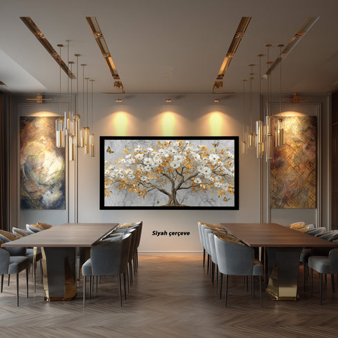 Mermer Zeminli Altın Yapraklı Beyaz Çiçekli Ağaç Tablosu Kelebekli Lüks Modern Kanvas Duvar Dekoru Salon İçin