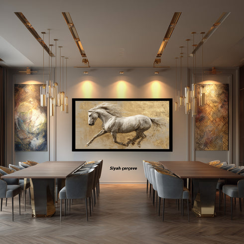 Koşan Beyaz At Tablosu Altın Varak Dokulu Arka Planlı Lüks Kanvas Duvar Dekoru, Salon Ofis İçin Büyük Boy At Figürlü Tablo