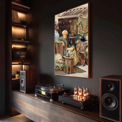 Osmanlı Bilgesi ve Geleneksel Oda Sahnesi Suluboya Sanat Baskısı, El Yazması Kitaplar ve Oryantal Detaylarla Tarihi Duvar Dekoru