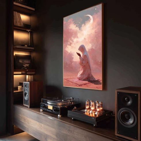 Hilal ve Pembe Bulutlar Altında Dua Eden Kadın Kanvas Tablo – Manevi Huzur Temalı İslami Duvar Dekoru, Dini Salon Tablosu