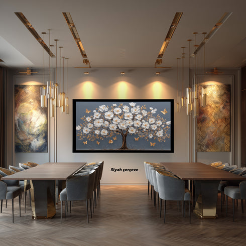 Beyaz Çiçekli Ağaç Tablosu Altın Yapraklı Kelebekli Kanvas Duvar Dekoru, Modern Dokulu Salon Yatak Odası Tablo