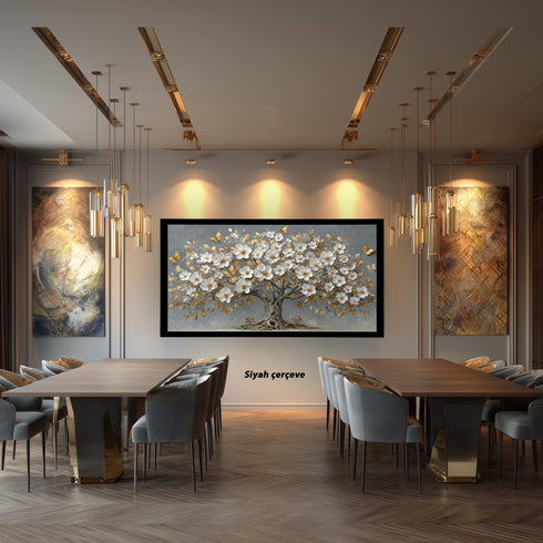 Altın Yapraklı Beyaz Çiçekli Ağaç Tablosu Kelebekli Lüks Kanvas Duvar Dekoru, Modern Dokulu Salon Yatak Odası Tablo