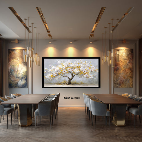 Beyaz Çiçekli ve Altın Yapraklı Ağaç Tablosu Modern Kanvas Duvar Dekoru, Salon Yatak Odası İçin Büyük Boy Şık Tablo