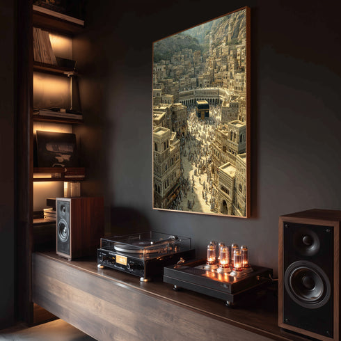 Eski Kabe-i Muazzama ve Mekke Şehir Manzarası Kanvas Tablo – Hac ve Umre Temalı İslami Duvar Dekoru, Dini ve Manevi Salon Tablosu