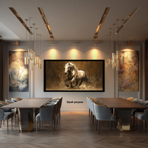 Koşan Beyaz At Tablosu Altın Tonlu Arka Planlı Modern Kanvas Duvar Dekoru, Salon Ofis İçin Büyük Boy At Figürlü Tablo