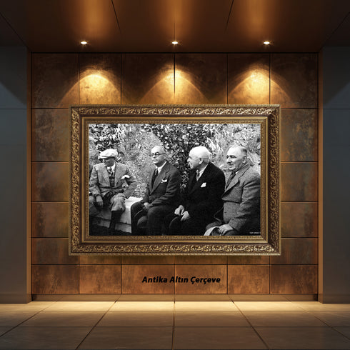 Atatürk ve Devlet Adamları Bahçe Sohbeti Tarihi Fotoğraf Kanvas Tablo Siyah Beyaz Nostaljik Duvar Dekoru