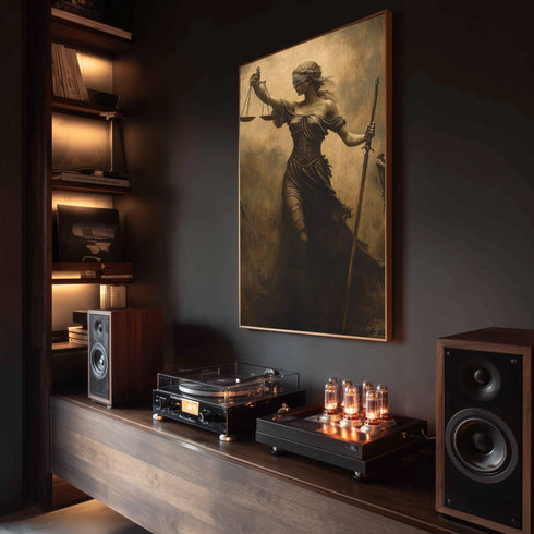 Adalet Tanrıçası Themis Sanat Baskısı, Kör Adalet ve Terazi Sembolüyle Güçlü Mitolojik Figür, Klasik ve Dramatik Duvar Dekoru