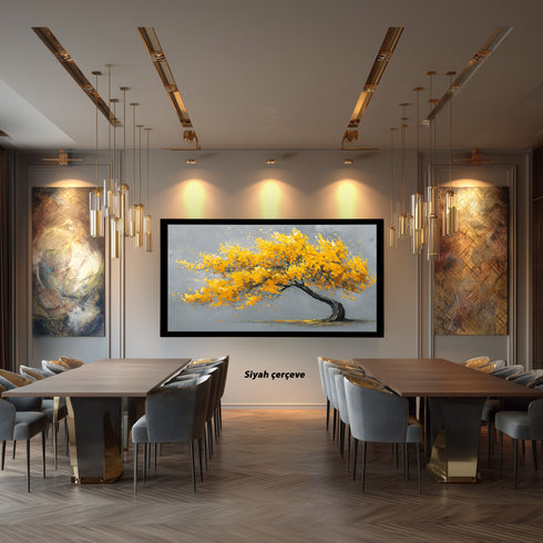 Sarı Yapraklı Rüzgarlı Ağaç Tablosu Modern Minimalist Kanvas Duvar Dekoru Salon Ofis Yatak Odası İçin Büyük Boy Soyut Tasarım