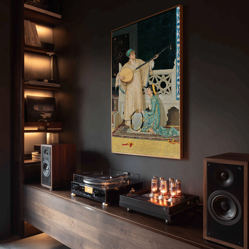 Oryantal Müzik Sahnesi Sanat Tablosu Poster, Osmanlı Dönemi Ud ve Def Çalan Kadınlar ile Klasik Doğu Temalı Duvar Sanatı Baskısı