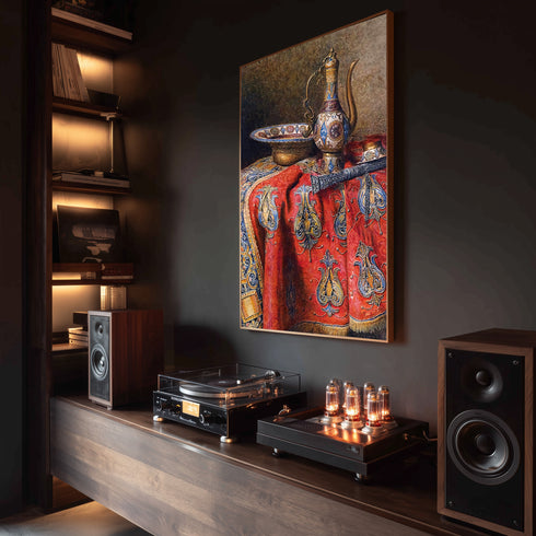 Eskitilmiş Çerçeveli Oryantal Natürmort Sanat Tablosu Poster, Osmanlı İbriği ve İşlemeli Kumaş Detaylı Klasik Duvar Sanatı