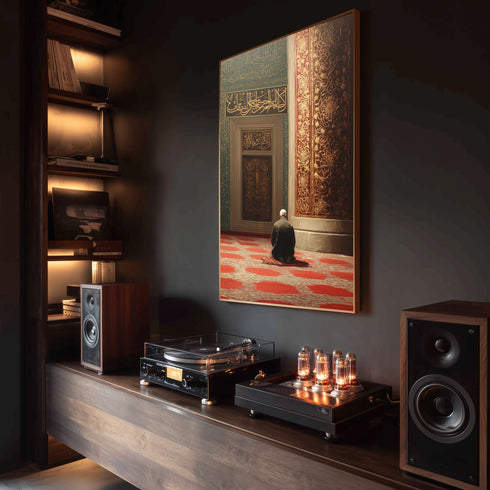 Cami İçinde Dua Eden Mümin Kanvas Tablo – Altın Varak Detaylı İslami Duvar Dekoru, Dini ve Manevi Salon Tablosu