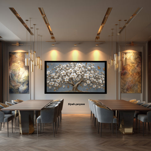 Altın Detaylı Beyaz Çiçekli Ağaç Tablosu Kelebekli Modern Kanvas Duvar Dekoru, Dokulu Salon Yatak Odası Büyük Boy Tablo