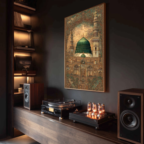 Mescid-i Nebevi Yeşil Kubbe Osmanlı Desenli Kanvas Tablo – İslami Sanat Motifli Dini Duvar Dekoru, Medine Temalı Salon Tablosu