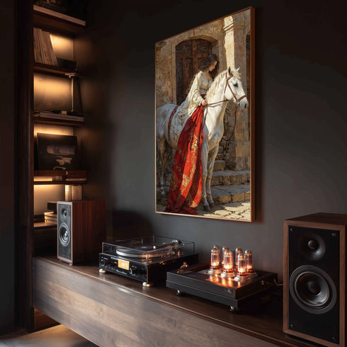 Tarihi Taş Mekânda Beyaz At Üzerinde Zarif Kadın, Orta Çağ Esintili Romantik Sahne, Klasik ve Epik Sanat Tarzında Duvar Dekoru