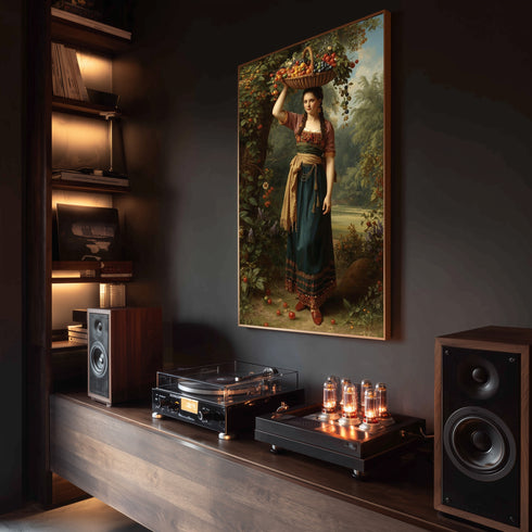 Meyve Sepeti Taşıyan Kırsal Kadın Sanat Baskısı, Doğal Bereket ve Geleneksel Yaşam Temalı Klasik Yağlı Boya Stil Duvar Dekoru