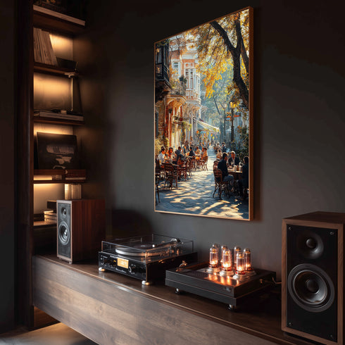 Sonbaharda İstanbul Kafe Sokağı Sanat Baskısı, Tarihi Binalar Arasında Gün Işığı ve Nostaljik Şehir Yaşamı Duvar Dekoru