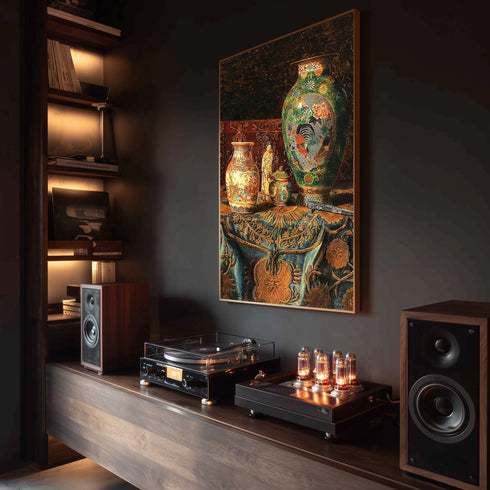 Eskitilmiş Çerçeveli Klasik Natürmort Sanat Tablosu Poster, Çin Porselen Vazolar ve Oryantal Desenli Kumaşlı Duvar Sanatı