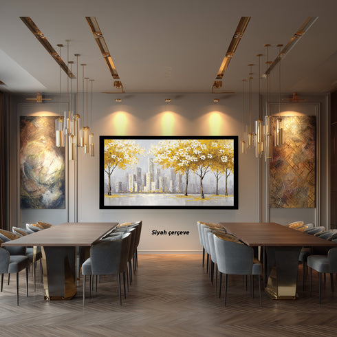 Sarı Yapraklı Ağaç ve Şehir Manzarası Tablosu Modern Soyut Kanvas Duvar Dekoru, Salon Ofis İçin Büyük Boy Tablo
