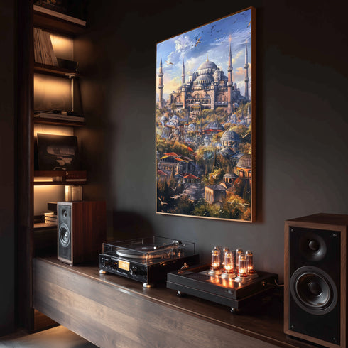 Ayasofya ve Tarihi İstanbul Silüeti Sanat Baskısı, Kubbe ve Minarelerle Osmanlı Mimarisi, Masalsı Şehir Manzarası Duvar Dekoru