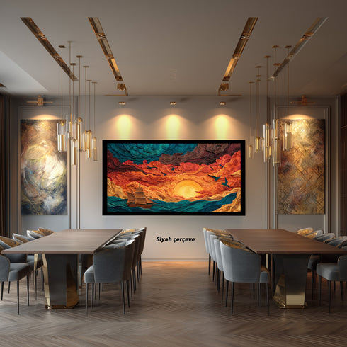 Gün Batımında Yelkenli ve Martılar Tablosu Soyut Deniz Manzarası Modern Kanvas Duvar Dekoru Salon Ofis İçin Büyük Boy Sanatsal Tasarım