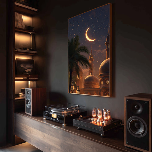 Hilal ve Yıldızlı Gece Camii Manzarası Kanvas Tablo – Ramazan Temalı İslami Duvar Dekoru, Dini ve Manevi Salon Tablosu