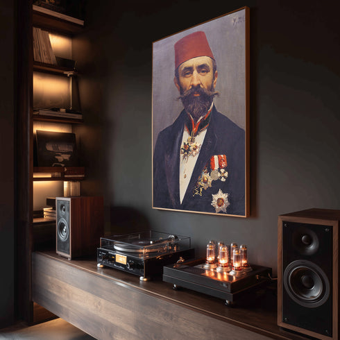 Osmanlı Paşası Portre Sanat Tablosu Poster, Fesli ve Nişanlı Erkek Figürü ile Klasik Tarihi Duvar Sanatı Dekoratif Baskı