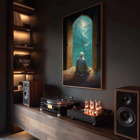 Kapıdan Camiye Bakan Derviş Kanvas Tablo – Manevi Yolculuk Temalı İslami Duvar Dekoru, Dini ve Huzur Veren Salon Tablosu