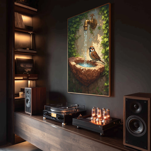 Taş Çeşme ve Serçe Kuşu Sanat Baskısı, Doğal Bahçe Sahnesi ve Akan Su ile Huzur Veren Masalsı Duvar Dekoru