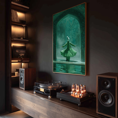 Semazen ve Tasavvuf Temalı İslami Kanvas Tablo – Yeşil Tonlu Manevi Atmosferli Dini Duvar Dekoru, Mevlevi Sanat Eseri