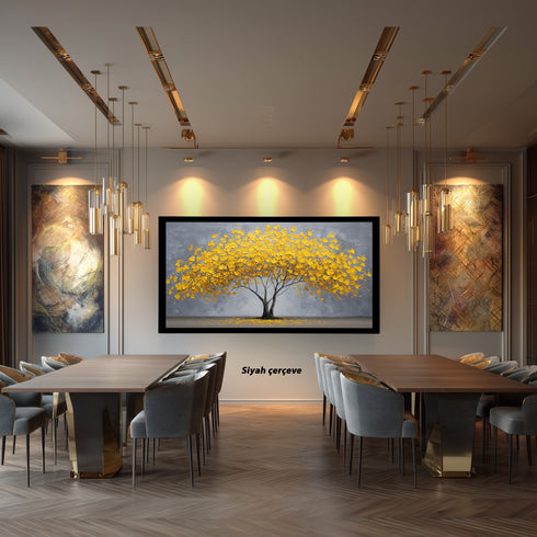 Sarı Yapraklı Minimalist Hayat Ağacı Tablosu Modern Soyut Kanvas Duvar Dekoru Salon Ofis Yatak Odası İçin Büyük Boy Şık Tasarım