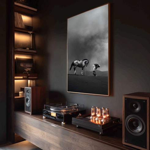 Namaz Kılan Müslüman ve At Silüeti Kanvas Tablo – Siyah Beyaz İslami Duvar Dekoru, Manevi ve Dini Anlamlı Salon Tablosu